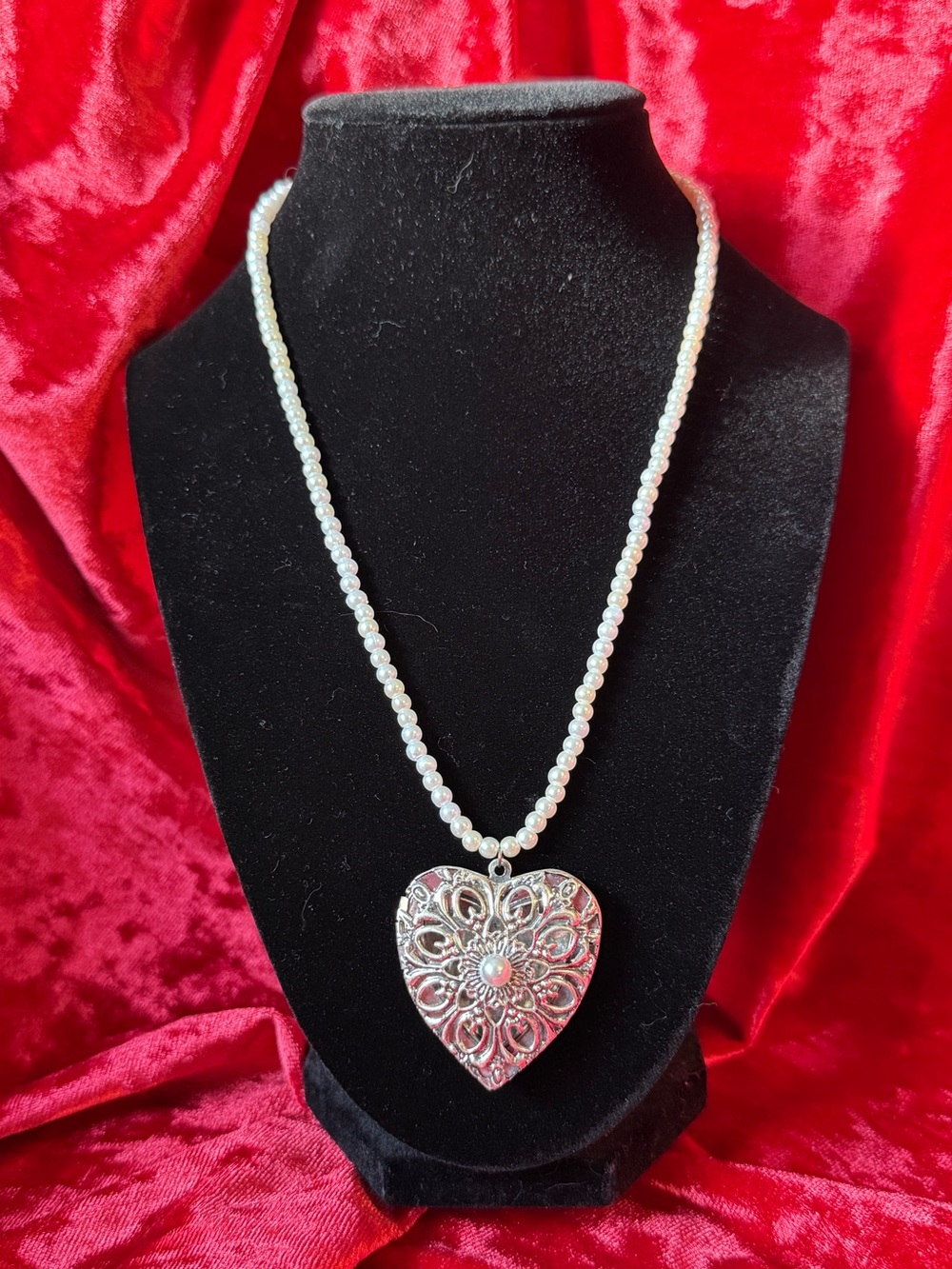 Paparazzi White Faux Pearl Strand Silver Filigree Heart Locket Necklace